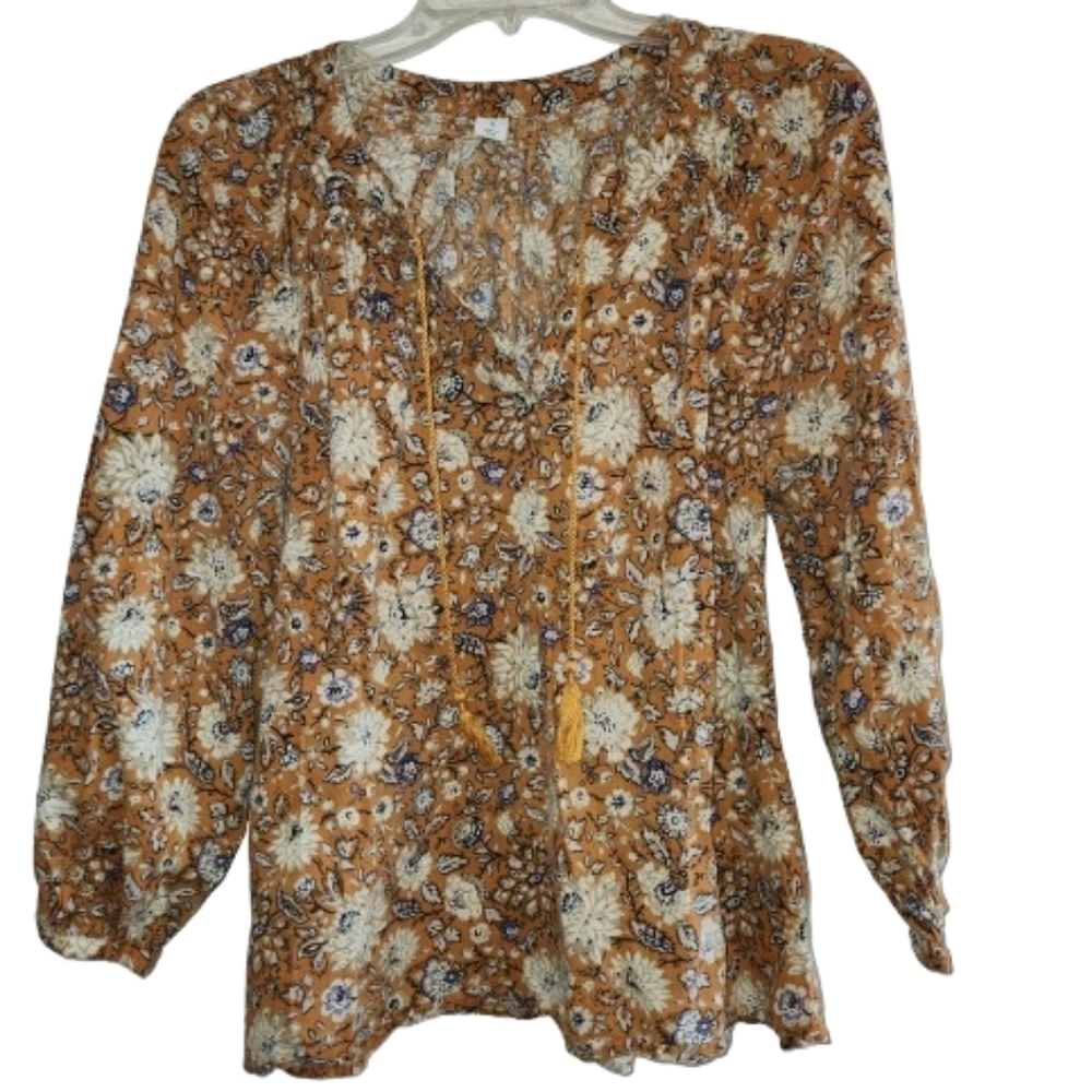 Old Navy Size M Golden Yellow Floral Peasant Top V Neck Boho Cottagecore Tassels